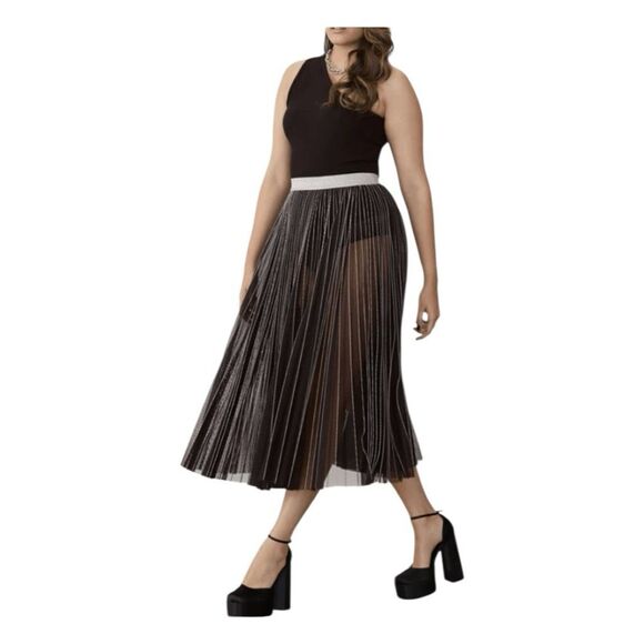 GSTQ Sun Pleated Mesh Pull-On Midi Skirt Black Semi-Sheer M - Picture 4 of 10